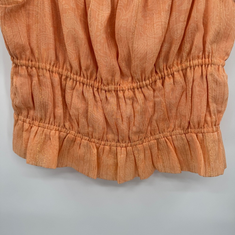 Express Women's M Peach Ruffle Smocked Peplum Top Metallic Thread Cottagecore - Picture 7 of 9